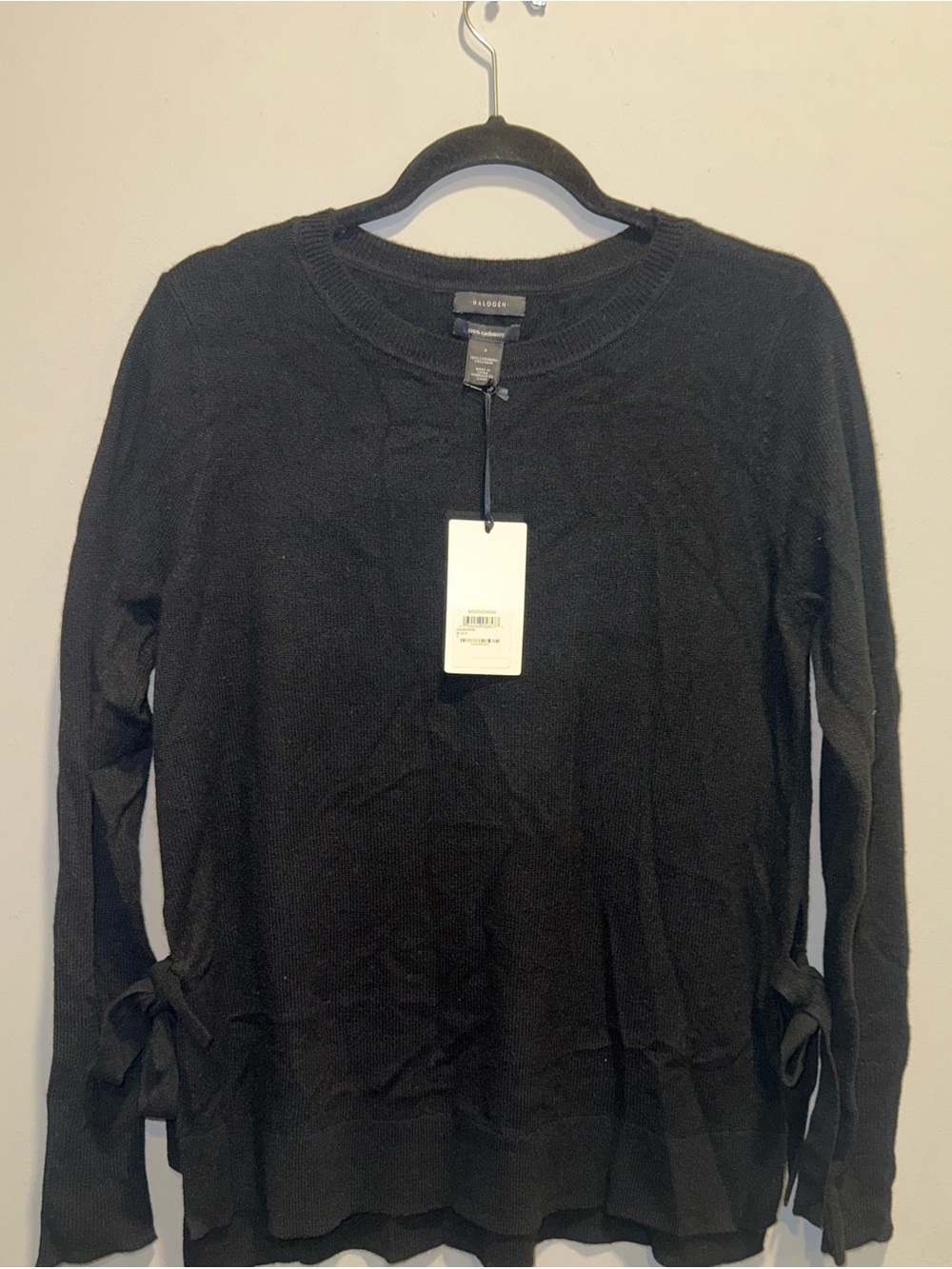 Halogen Black Crewneck Sweater 100 % Cashmere with Side Tie Accents
